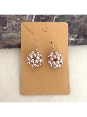 Sterling Silver 925 Beaded Pink Baroque Pearl Cluster Ball Dangle Drop Earrings